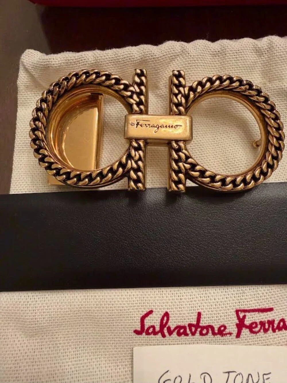Ferragamo Gold Tone Rope Belt Black
